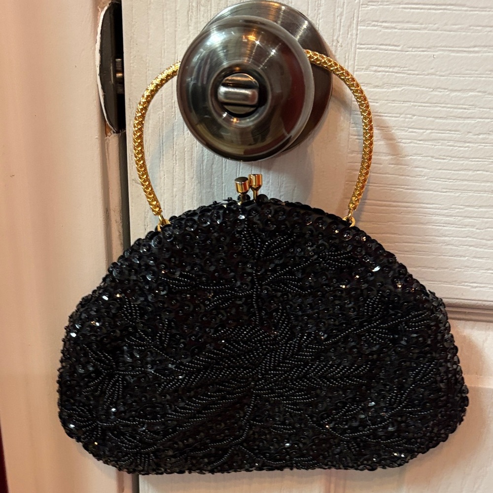 Chic Black Beaded Vintage Clutch with Gold Handle